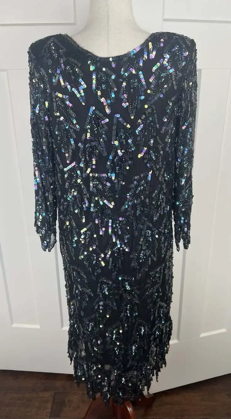 Vintage Carina Silk Sequin Dress M Iridescent Beaded Lace Sheath Cocktail Formal